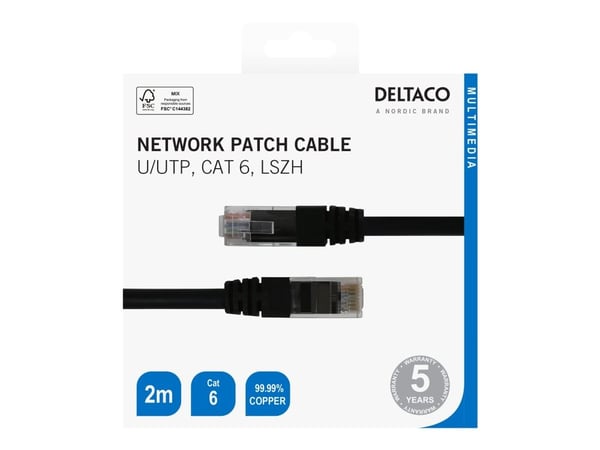 DELTACO - Koblingskabel - RJ-45 (hann) til RJ-45 (hann) - 2 m - UTP - CAT 6 - svart