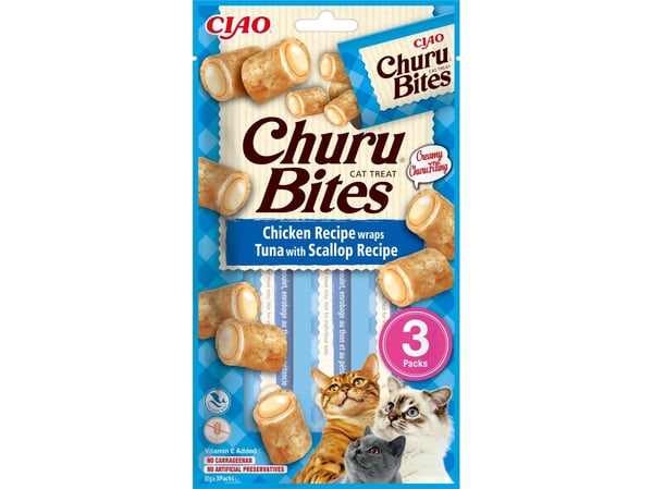 INABA Churu Bites Kylling med tun og kammuslinger - kattelegetøj - 3x10 g