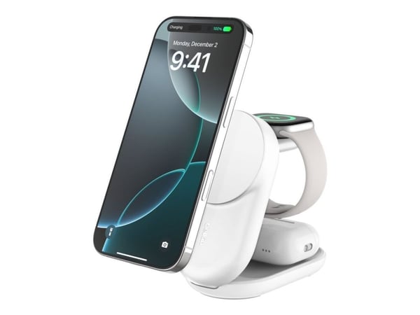Belkin UltraCharge - Trådløst ladestativ - 3-i-1, magnetisk, sammenleggbar, med Qi2 + AC-strømadapter - 25 watt - Fast Charge - hvit