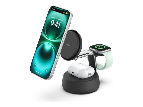 Belkin UltraCharge Pro - Trådløst ladestativ - 3-i-1, Qi2 + AC-strømadapter - 25 watt - Fast Charge - koksgrå