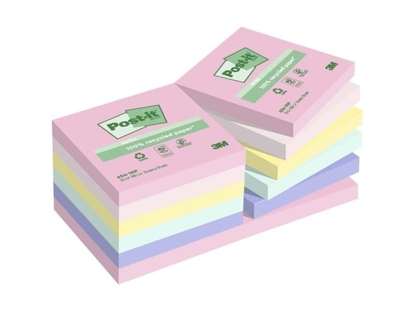 Post-it, Post-it, Recycled, assorteret 76x76mm, pakke a 12 stk