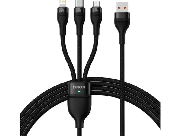 Baseus Flash Series USB 3-i-1: USB-C + micro USB + Lightning, 100 W, 1,2 m (svart)