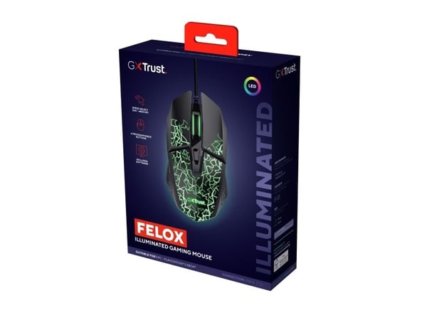 Trust GXT 113 Felox, Høyre hendt, Optisk, USB Type-A, 6400 DPI, Svart