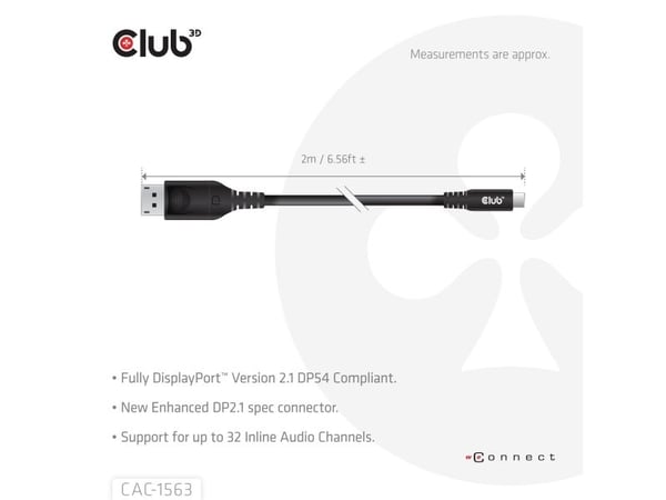 CLUB3D CAC-1563, 2 m, DisplayPort, Hanstik, Hanstik, Hanstik