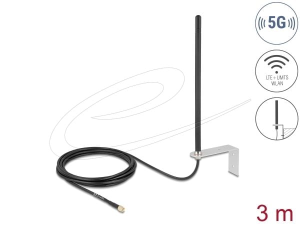 Delock - Antenne - 5G, LTE, SMA-plugg, festet med tilkoblingskabel RG-174, 3 m - Smart Home - 3 - 5 dBi - rundtstrålende - utendørs, kan monteres p...
