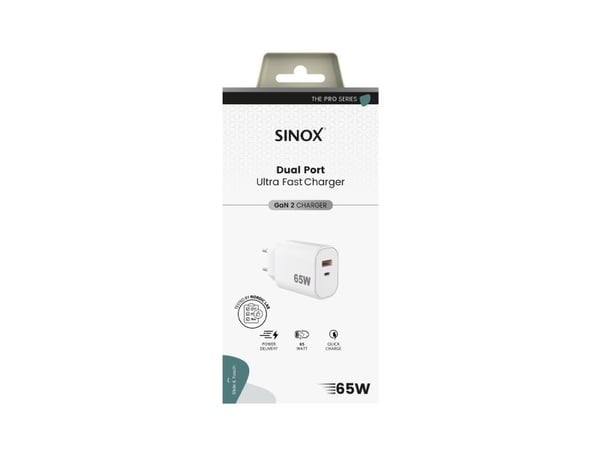 Sinox PRO 230V USB-A+USB-C PD-laturi 65W. Valkoinen