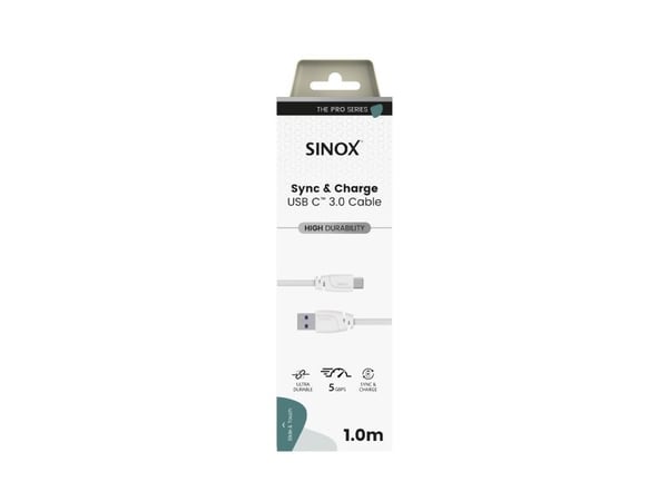 Sinox PRO USB C - USB A -kaapeli. 1m. Valkoinen