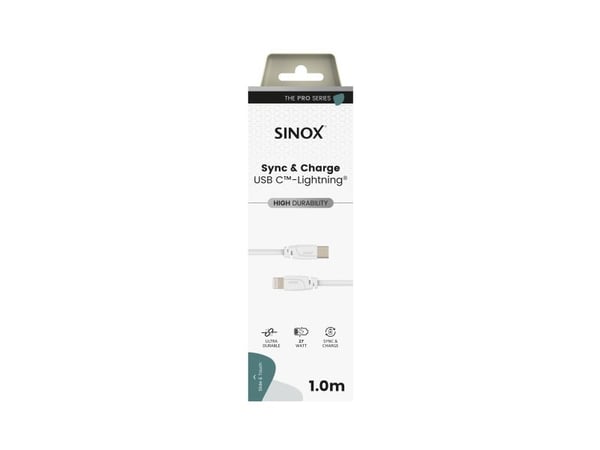 Sinox PRO USB C - Lightning-kaapeli. 1m, valkoinen, 1 m, Lightning, USB C, urosliitin, urosliitin, valkoinen