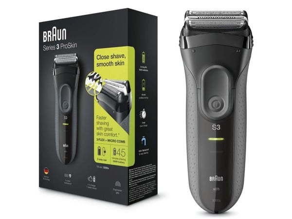 Braun 3-3000s ProSkin, Teräverkollinen parranajokone, Musta, LED, Teho, AC/Akku, Sisäänrakennettu akku