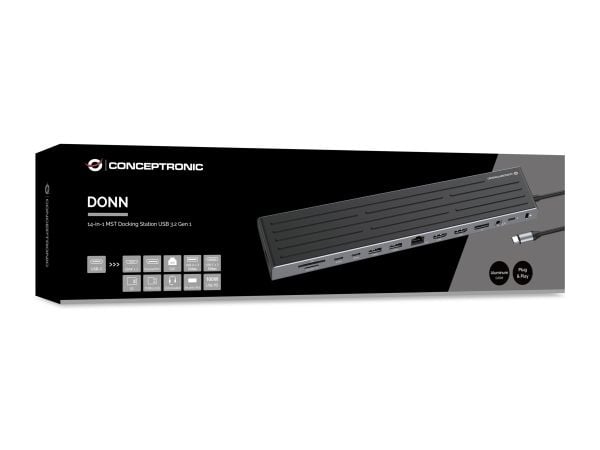 Conceptronic DONN32B, Koblet med ledninger (ikke trådløs), USB 3.2 Gen 1 (3.1 Gen 1) Type-C, 100 W, 3,5 mm, 10,100,1000 Mbit/s, IEEE 802.3ab