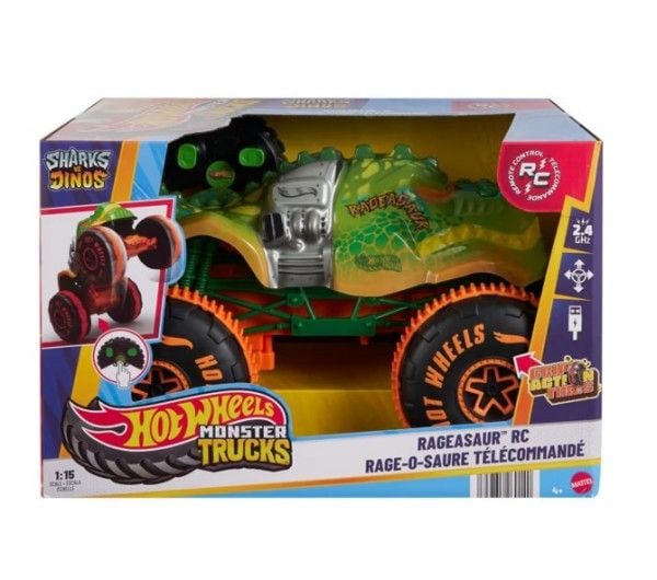 Hot Wheels Monster Trucks Fjernstyrt Rageasaur, batteridrevet fjernstyrt lekebil i målestokk 1 : 15, Monster truck, 4 år, AAA, Plast, Flerfarget