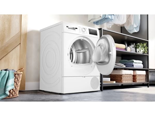 Bosch Serie 4 WTH83VV4, Frittstående, Frontmatet, Varme pumpe, Hvit, Rotasjon, Berøringskontroll, Riktig/Høyre