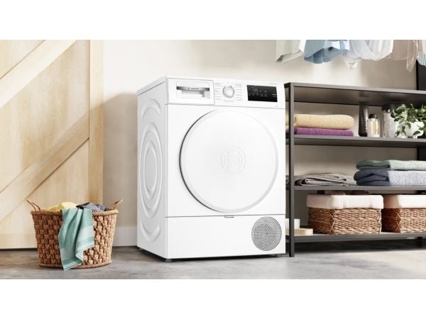 Bosch Serie 4 WTH83VV4, Frittstående, Frontmatet, Varme pumpe, Hvit, Rotasjon, Berøringskontroll, Riktig/Høyre