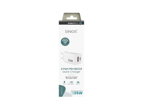 Sinox PRO 230V USB-A+USB-C PD-lader 35W. hvit