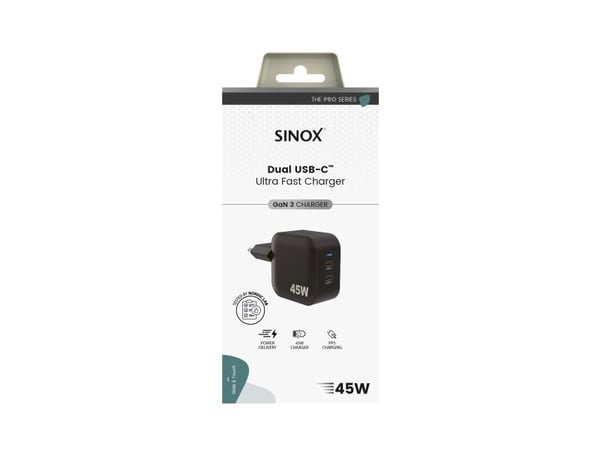 Sinox PRO 2xUSB-C PD-laddare 45W, svart