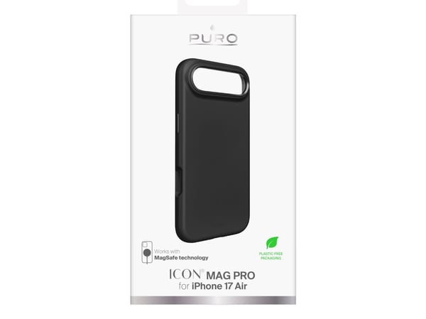 Puro Icon Mag Pro flytende silikondeksel for iPhone 17 Air, MagSafe-kompatibelt, med kamerabeskyttelse og aluminiums-knapper - svart