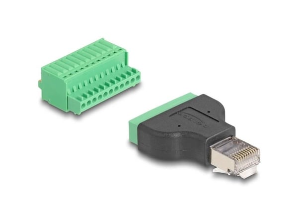 Delock RJ50-pistoke liitinlohkon sovittimeen, jossa on painonappi