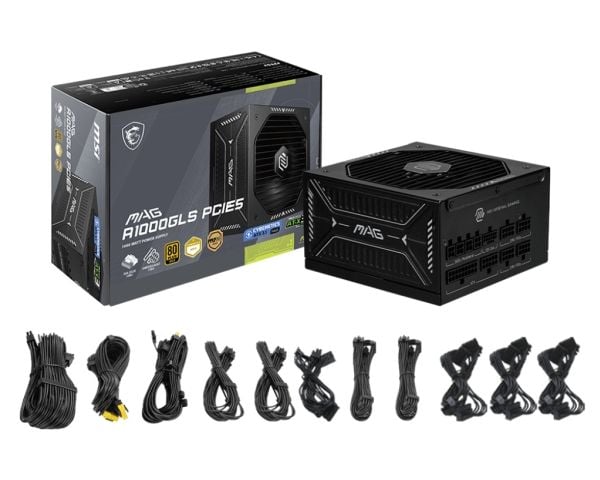 MSI MAG A1000GLS PCIE5, 1000 W, 100 - 240 V, 2200 W, 47 - 63 Hz, aktiv, 90