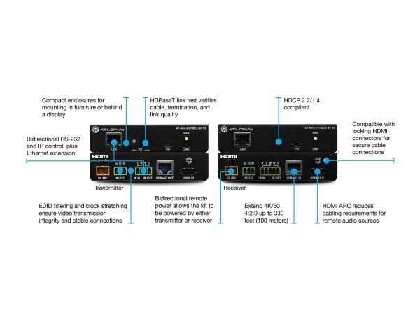 Atlona Avance AT-AVA-EX100CE-BP-KIT - Sender og mottaker - video/lyd/infrarød/seriell-utvider - RS-232, HDMI, HDBaseT, infrarød - opp til 100 m
