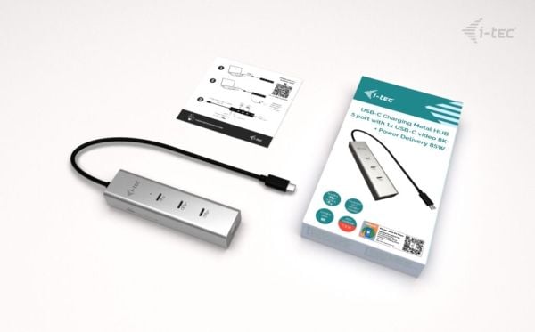 i-Tec - Hub - metall, 8K video, 85W - 1 x USB-C 3.2 Gen 1 + 1 x USB-C 3.2 Gen 1 (strømforsyning) + 3 x USB-C 3.2 Gen 2 - stasjonær