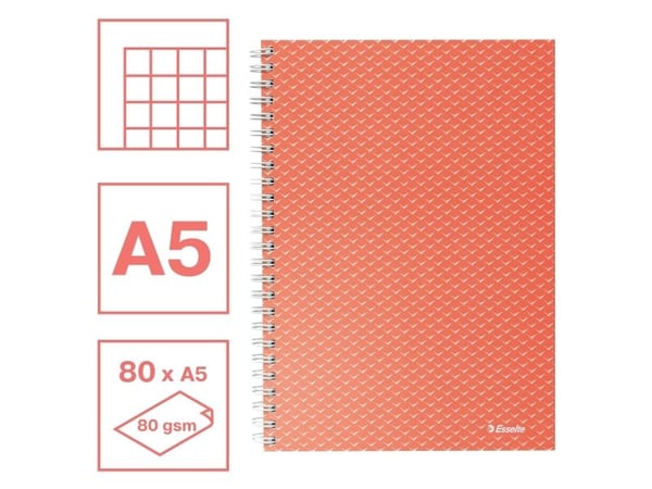 Esselte Colour'Breeze - Notatbok - trådbundet - A5 (148 x 210 mm) - 80 ark / 160 sider - kvadratisk - 2 hull - korall - papp