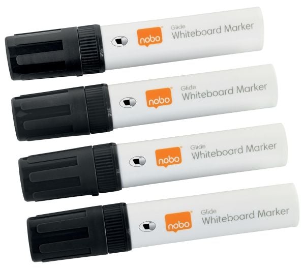 Nobo Glide whiteboardtusj, bred skrå spiss, 10 mm, hurtigtørkende blekk, svart, 4 stk.
