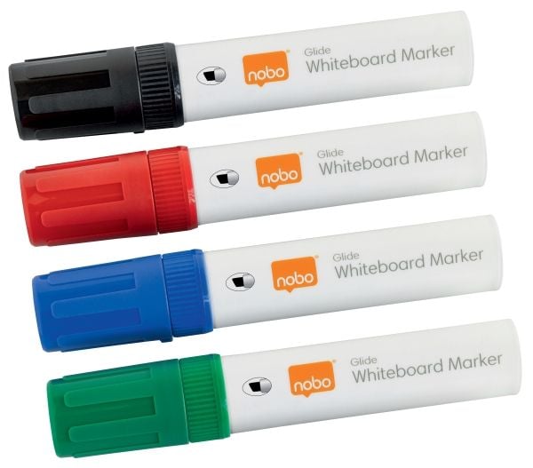 Whiteboardtusj Nobo Glide Jumbo med skrå spiss - hurtigtørkende blekk - med 4 stk. assorterte farger