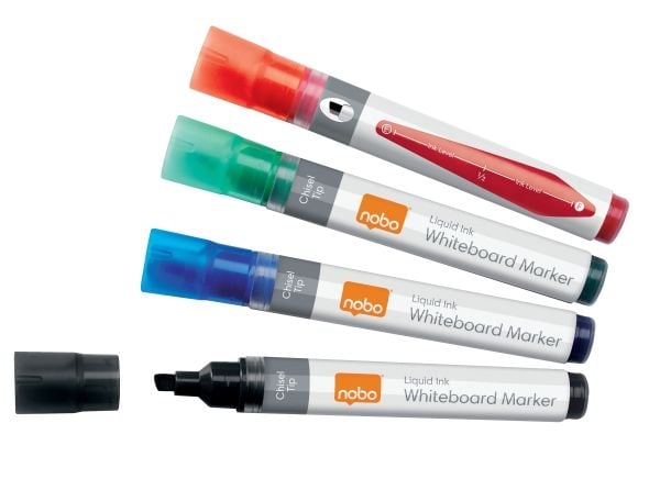 Nobo whiteboardtusj med skrå spiss 4 mm, hurtigtørkende blekk - med 4 stk. assorterte farger