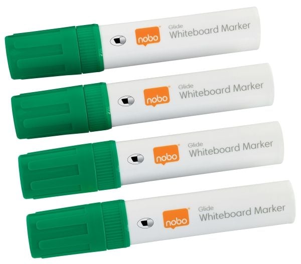 Nobo Glide Whiteboard Penna Flytande Bläck Stor Mejselspets 4/Fp, 4 styck, Grön, Mejselspets, Grön, Vit, 1 cm, Tonåringar