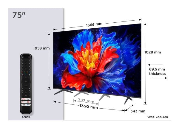 TCL 75P8K - 75" Diagonalklasse (74.5" synlig) - P8K Series LED-bakgrunnsbelyst LCD TV - QLED - Smart TV - Google TV - 4K UHD (2160p) 3840 x 2160 - ...