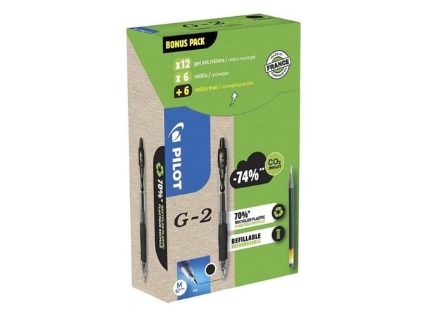 Pilot G-2 GREEN PACK, Uttrekkbar gelépenn, Sort, Sort, Medium, Rund, 0,39 mm