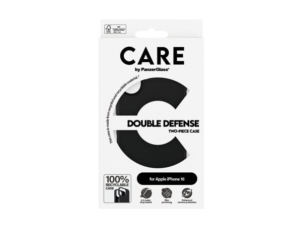 PanzerGlass CARE™ by ® Double Defense Case Black iPhone 16, Suojus, Apple, Apple - iPhone 16, musta