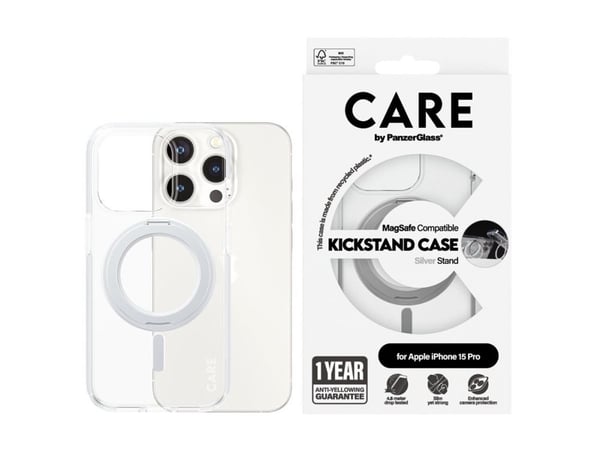 CARE by PanzerGlass - Baksidedeksel for mobiltelefon - MagSafe-samsvar - resirkulert plast - gjennomsiktig, sølv - for Apple iPhone 15 Pro