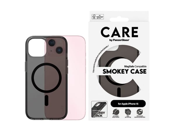 CARE by PanzerGlass Urban Combat - Baksidedeksel for mobiltelefon - MagSafe-samsvar - plastikk - røykfarget, svart - for Apple iPhone 15