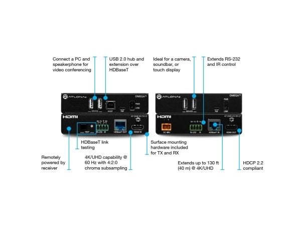 Atlona Omega Series AT-OME-EX-KIT-LT - Sender og mottaker - video/lyd/infrarød/seriell/USB/strøm-forlenger - HDBaseT - opp til 70 m