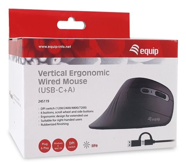 Equip 245119, Oikeakätinen, Vaakasuuntainen muotoilu, Optinen, USB Type-A + USB Type-C, 7200 DPI, musta