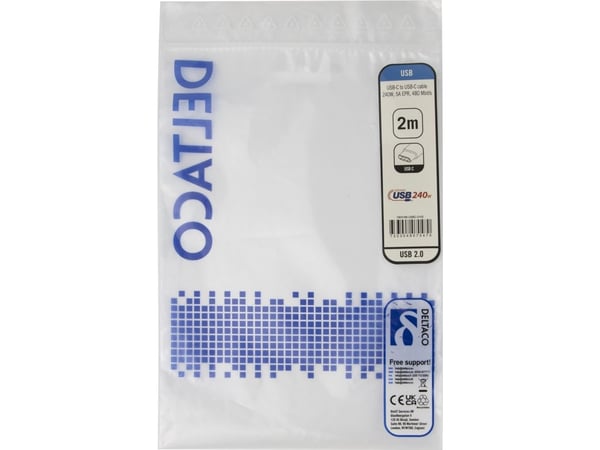 DELTACO - USB-kabel - USB-C (hann) til USB-C (hann) - USB 2.0 - 48 V - 5 A - 2 m - utvidet effektområde (EPR), USB Power Delivery (240 W), Støtte f...
