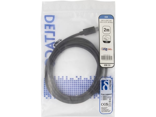 DELTACO - USB-kabel - USB-C (hann) til USB-C (hann) - USB 2.0 - 48 V - 5 A - 2 m - utvidet effektområde (EPR), USB Power Delivery (240 W), Støtte f...