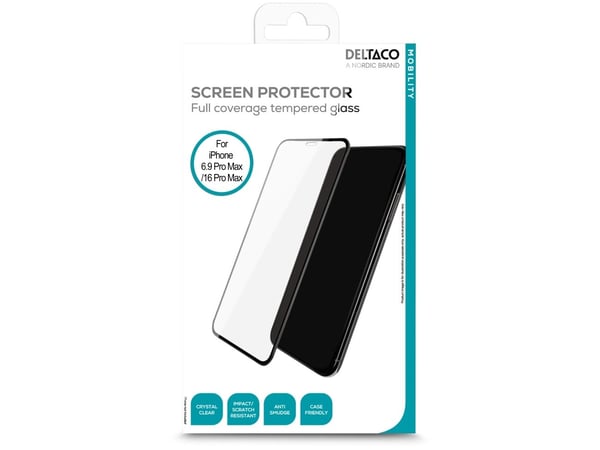 DELTACO - Skjermbeskyttelse for mobiltelefon - full pasning - glass - rammefarge svart - for Apple iPhone 16 Pro Max, 17 Pro Max