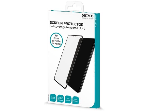 DELTACO - Skjermbeskyttelse for mobiltelefon - full pasning - glass - rammefarge svart - for Apple iPhone 16 Pro Max, 17 Pro Max