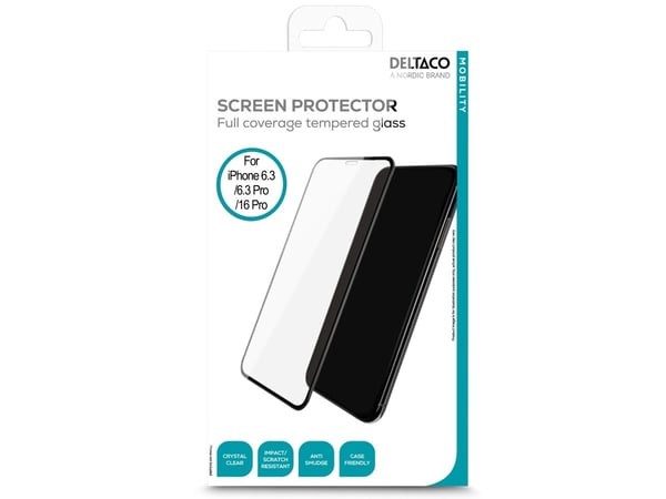 DELTACO - Skjermbeskyttelse for mobiltelefon - full pasning - glass - rammefarge svart - for Apple iPhone 16 Pro, 17, 17 Pro