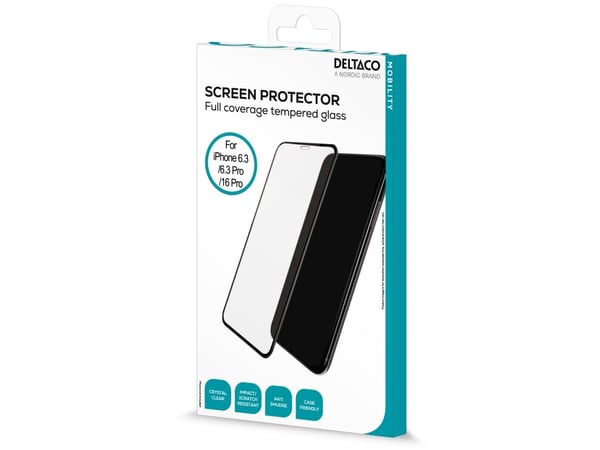 DELTACO - Skjermbeskyttelse for mobiltelefon - full pasning - glass - rammefarge svart - for Apple iPhone 16 Pro, 17, 17 Pro
