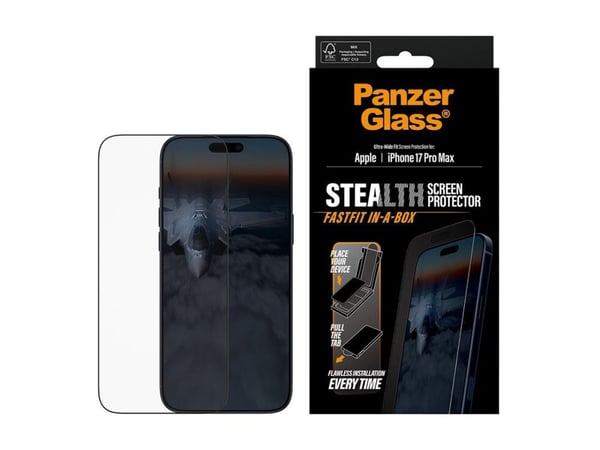 PanzerGlass - Skjermbeskyttelse for mobiltelefon - UWF stealth, EN - glass - rammefarge svart - for Apple iPhone 17 Pro Max