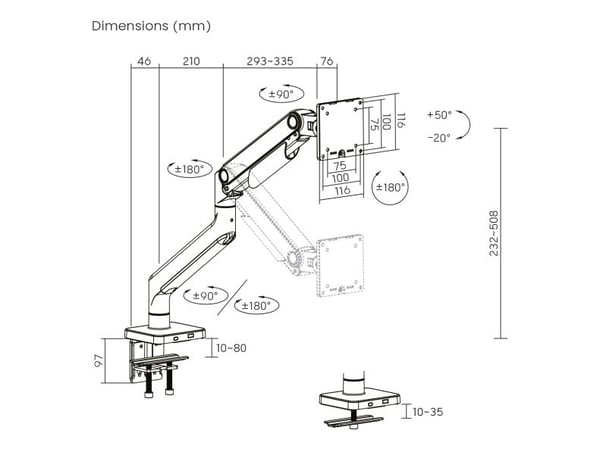 Digitus DA-90473, Klemmer, 20 kg, 124,5 cm (49"), 100 x 100 mm, Høydejustering, Svart