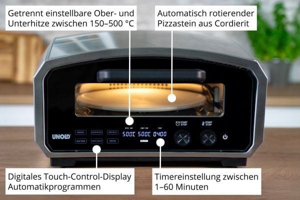 Unold Pizzaofen Enzo 68916, 1 pizza(er), Rustfritt stål, Digitalt, 500 °C, 1 timer, 0,9 m