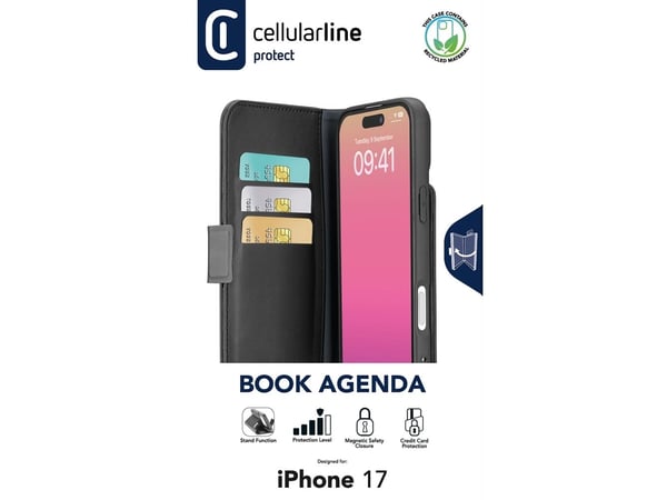 Cellularline Book Agenda, Folio, Apple, iPhone 17, 16 cm (6.3"), Svart