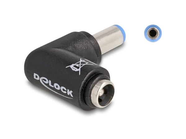 Delock DC-sovitin 5,5 x 2,1 mm:n pistoke 5,5 x 2,1 mm:n pistorasiaan 90° kulmassa