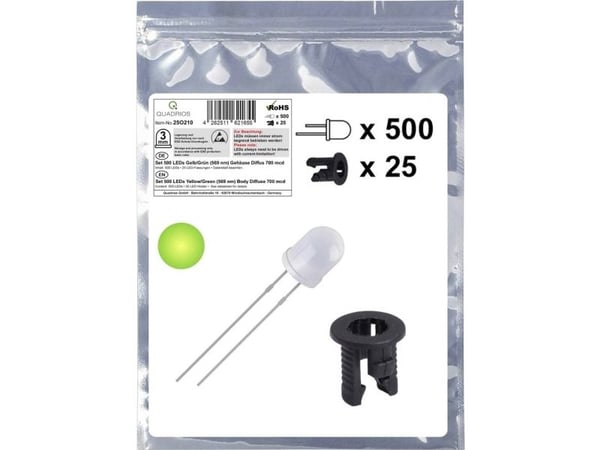 Quadrios 25O210 LED-sortiment gulgrön rund 3 mm 700 mcd 20 mA 2,0 V