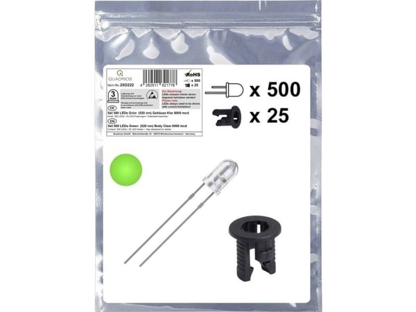 Quadrios 25O222 LED-valikoima vihreä pyöreä 3 mm 8000 mcd 20 mA 3,0 V