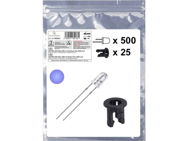 Quadrios 25O221 LED-sortiment Blå Rund 3 mm 2500 mcd 20 mA 3,0 V 3,0 V